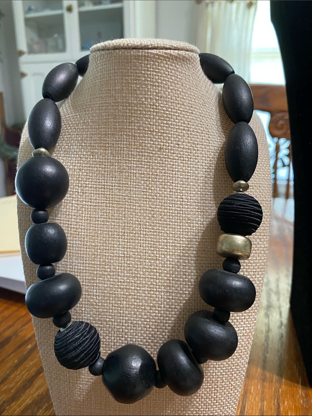 Chico's Chunky Black Beaded Statement Necklace with Gold Accent